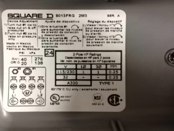 9013FRG2J23M3 SQUARE D/TELEMECANIQUE PRESSURE SWITCHES